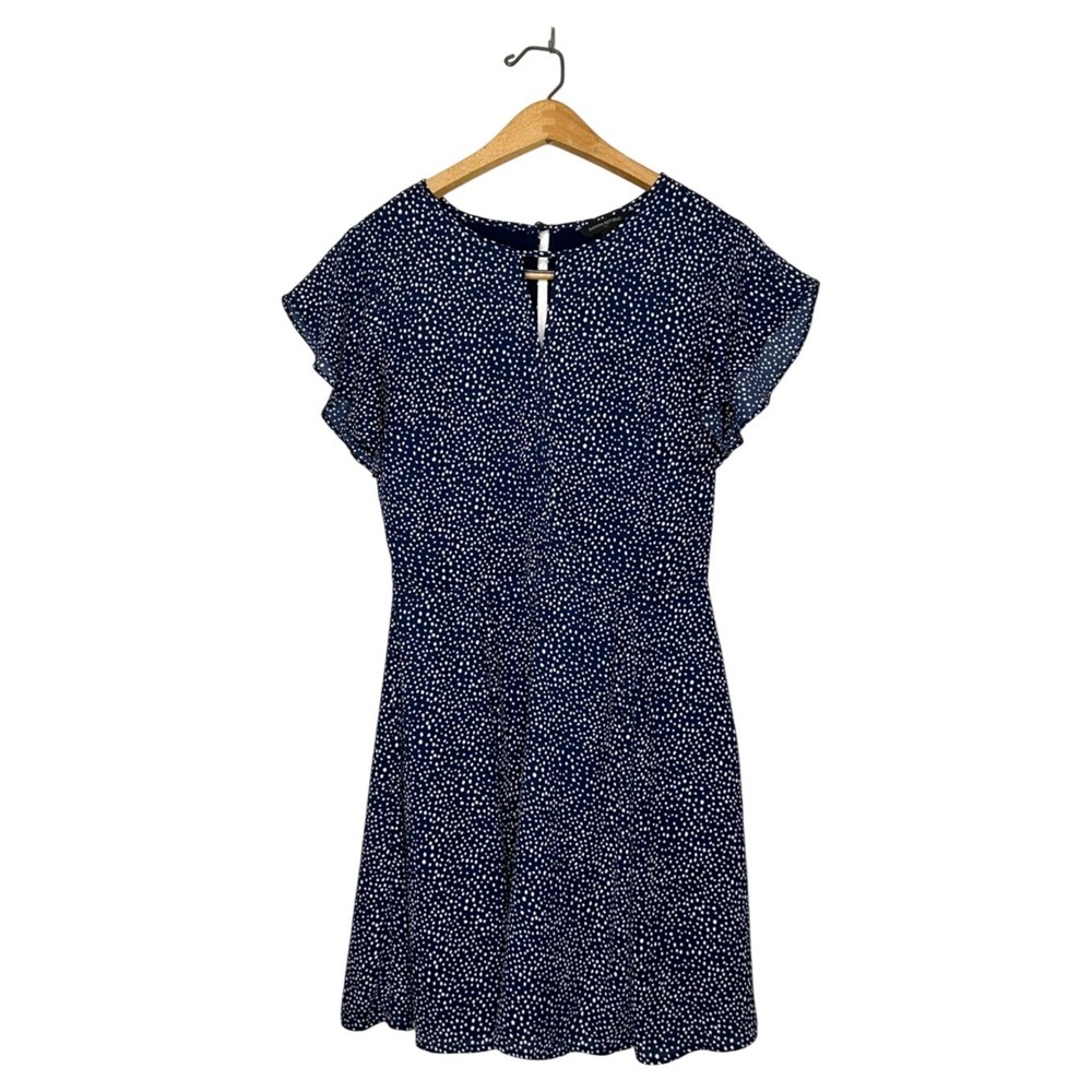 Navy Polka Dot Mini Dress - Lightweight Flutter Sleeve
